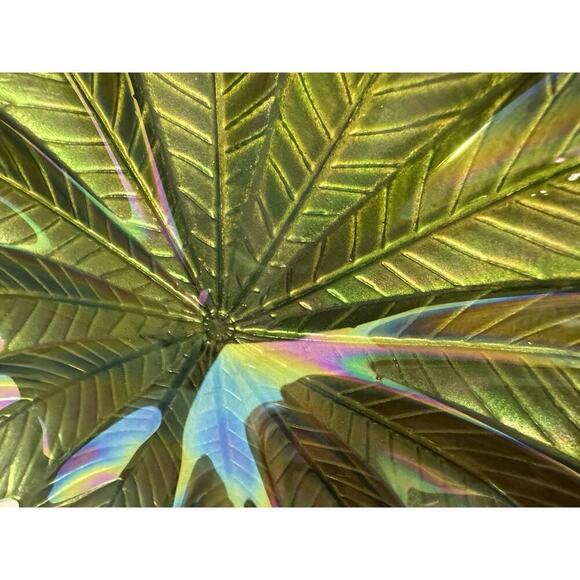 Carnival Glass Green Iridescent Leaf Salad Luncheon Plates Set Of 4 VINTAGE - Picture 11 of 12